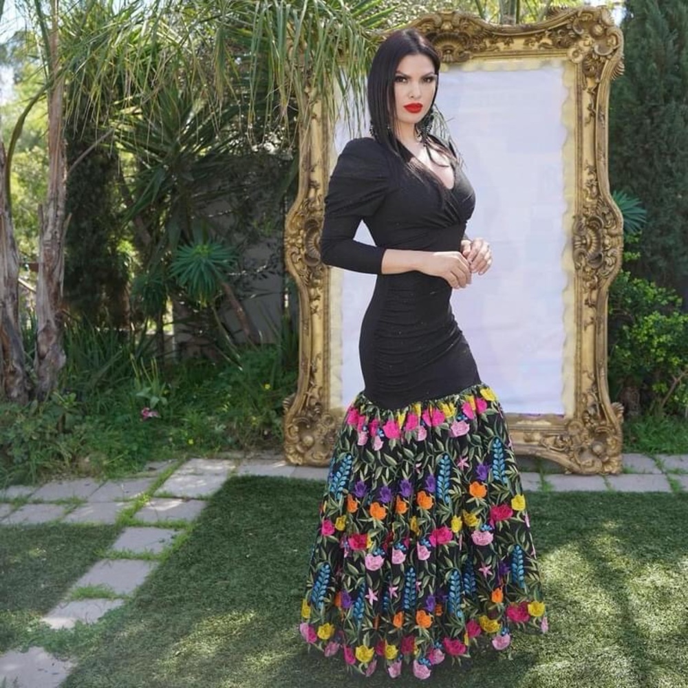 Black Long Sleeve Dress with Colorful Floral Skirt